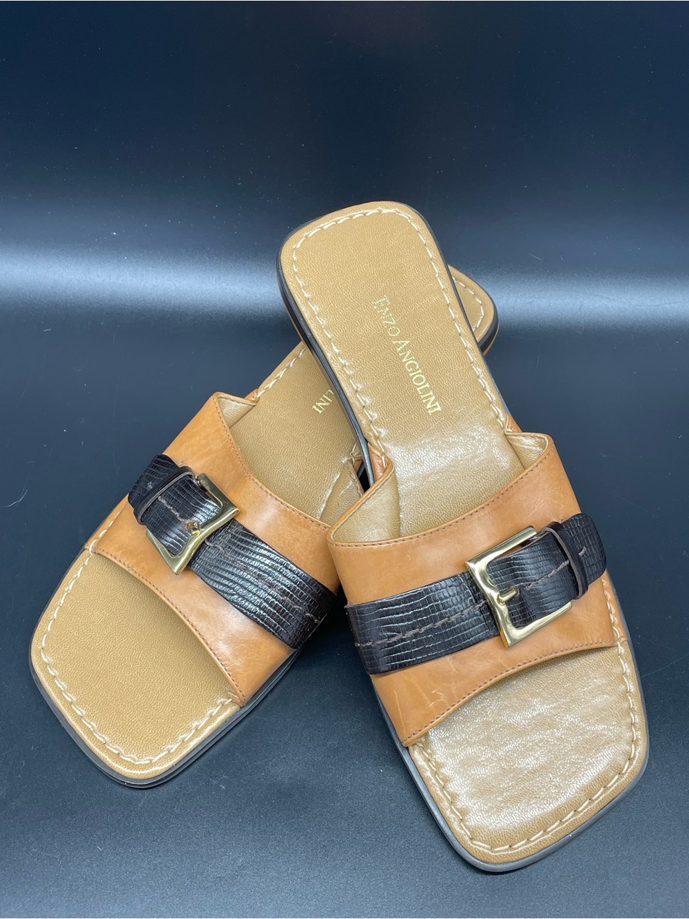 Enzo Angiolini Tan and Dark Brown Leather w/Buckle Slide Sandals